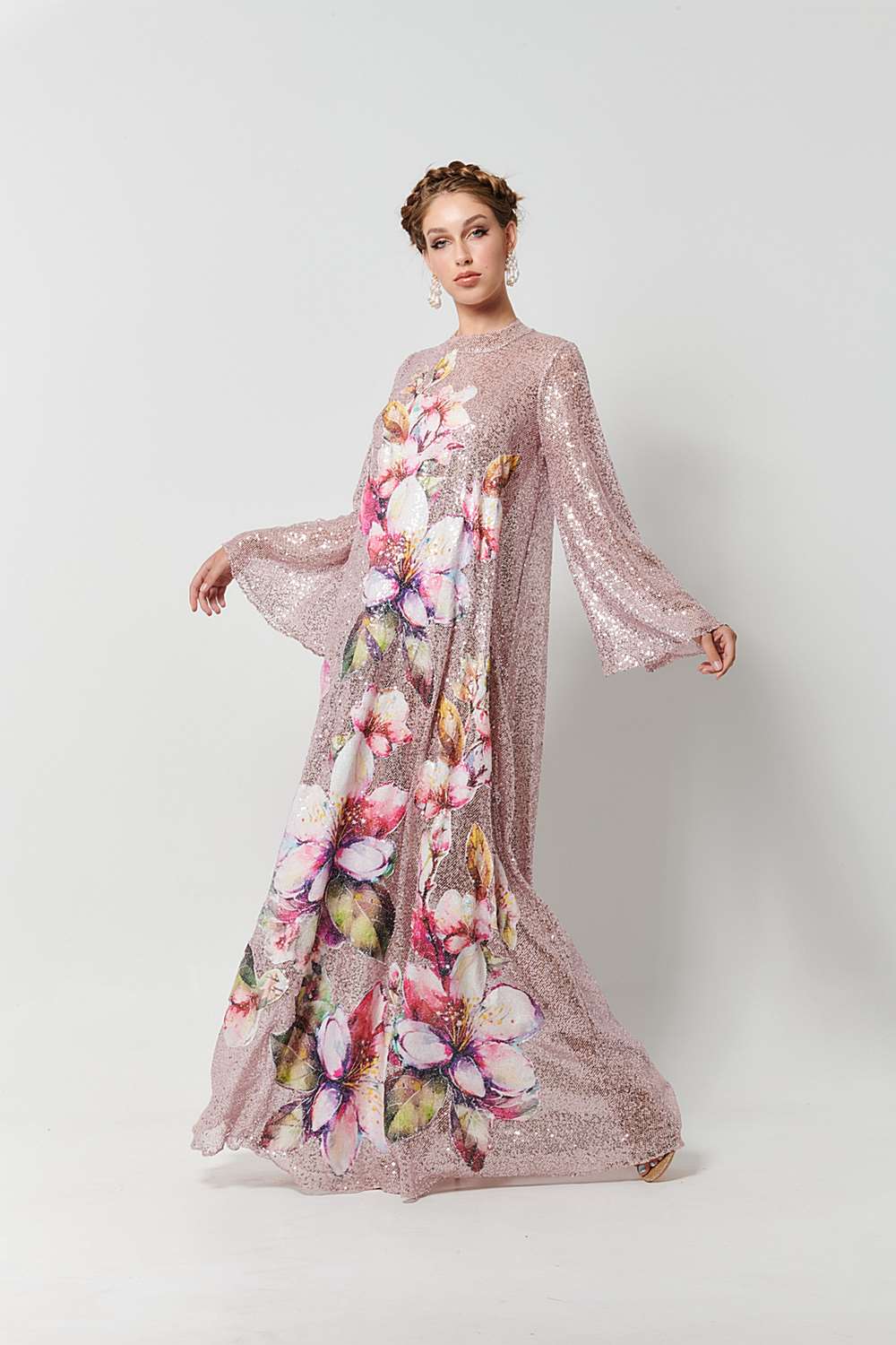 着物風袖2WAY TWO-TONE DRESS【ARTISTIC ROSE】 Tropicana Pink Floral Satin Cross Over Halterneck Maxi Dress